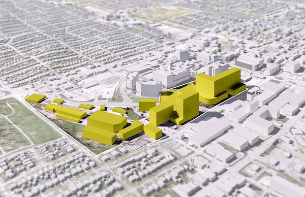 UNMC校园NeXT项目效果图，新建筑以黄色突出显示.